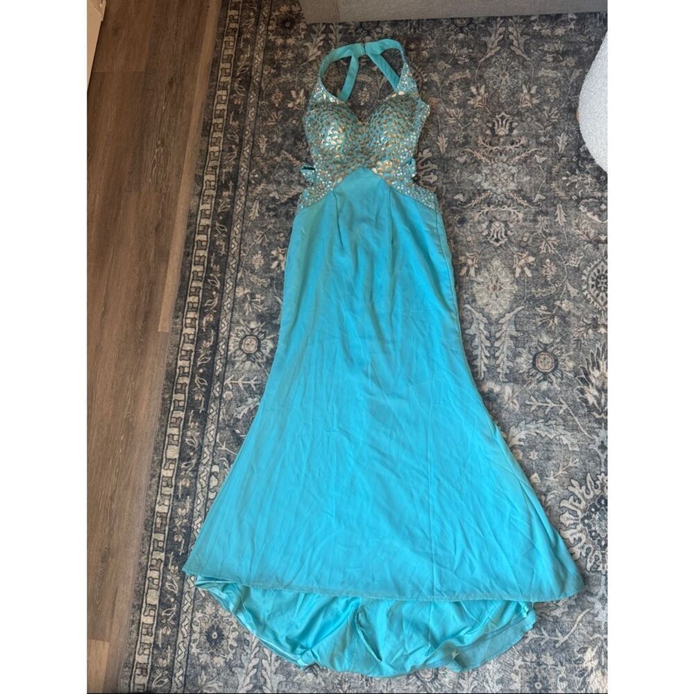 Turquoise Beaded Halter Evening Dress